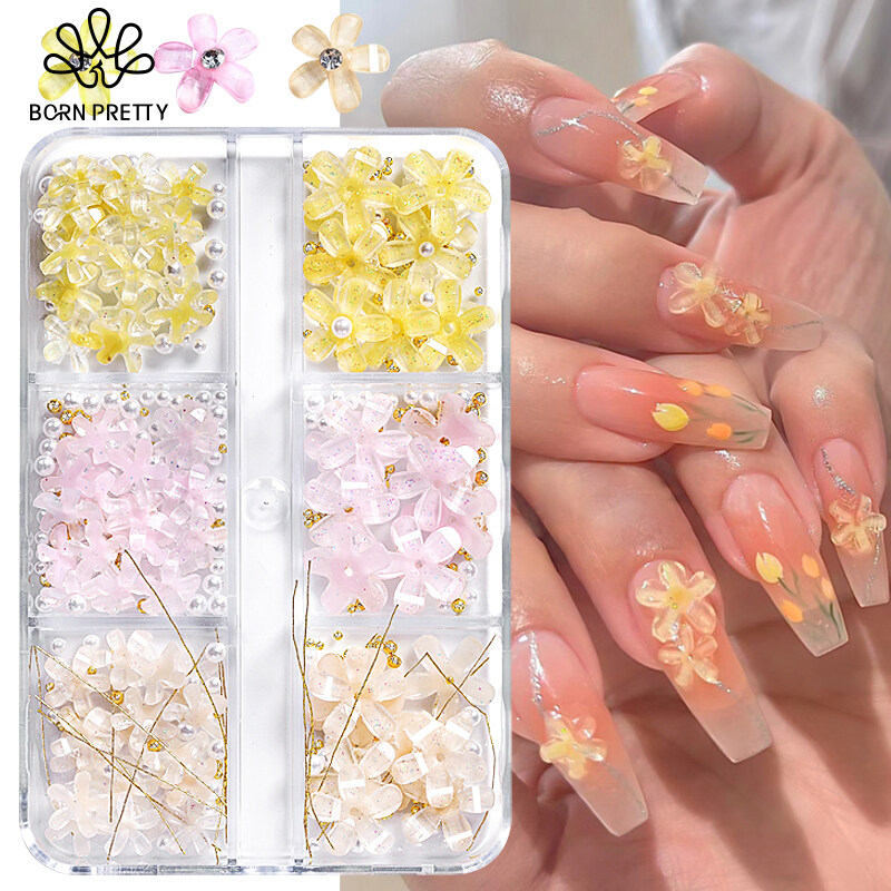 BORN PRETTY 6 Grids 3D White Acrylic Flower For Nails Resin Gold Steel