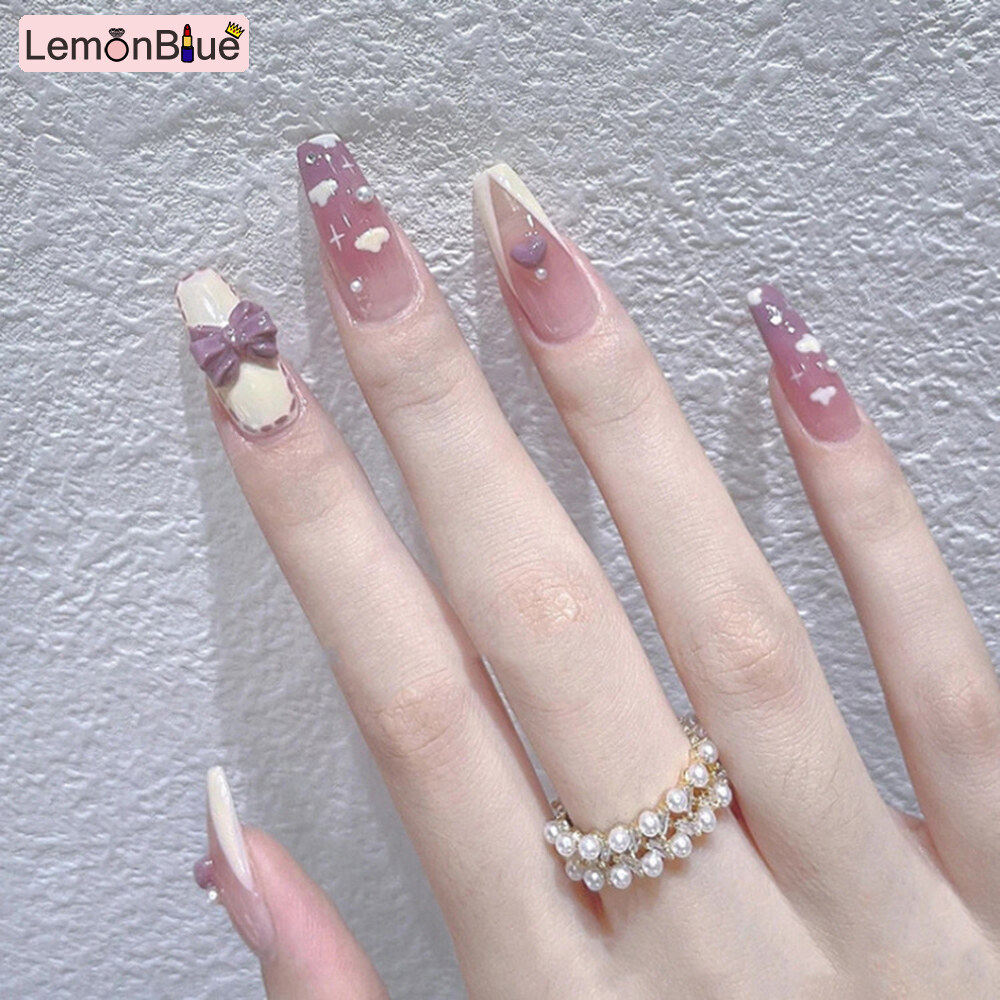 Gambar LemonBlue 24PCS Long Ballet Manicure Artificial Nails Set Wearable Fake Nails Professional Nail Salon Artificial Nails Full Cover Nail Sticker Artificial Nails Fake Nail Pieces Salon Finger Nail DIY Artificial Nails Fake Nail Patch Press on Nails