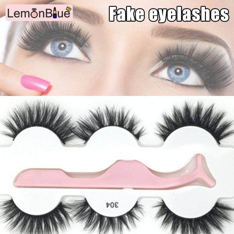 Gambar LemonBlue 3D Fake Eyelashes Long Nature Fluffy Volume Crisscross Wispies Soft False Lashes 3 Pairs set with Tweezers