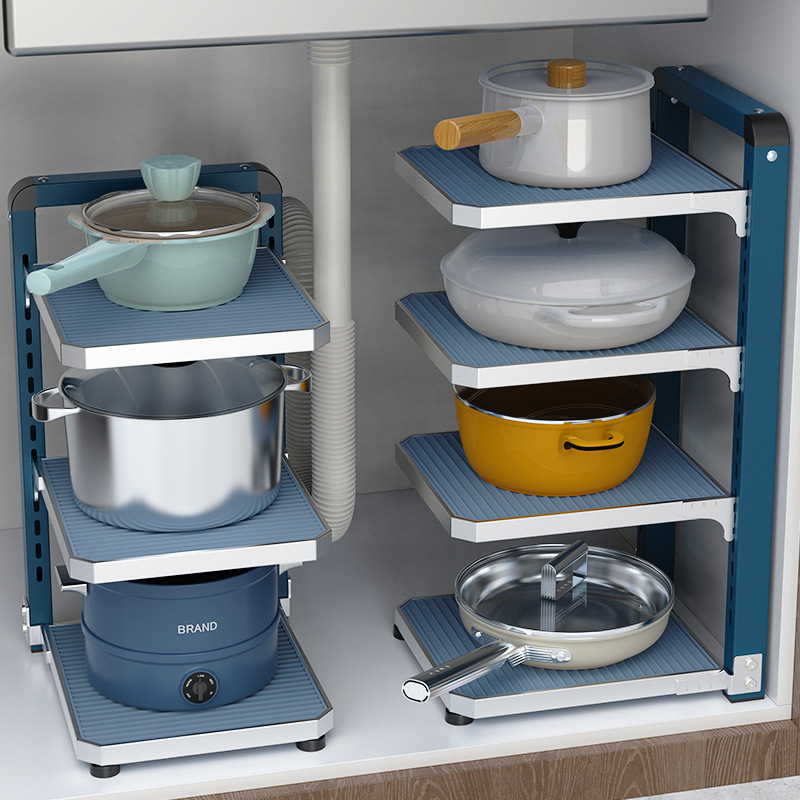 Gambar Kitchen Rack Household Sink Pot Storage Pot Rack Floor Multi functional Adjustable Multi layer Storage Shelf
