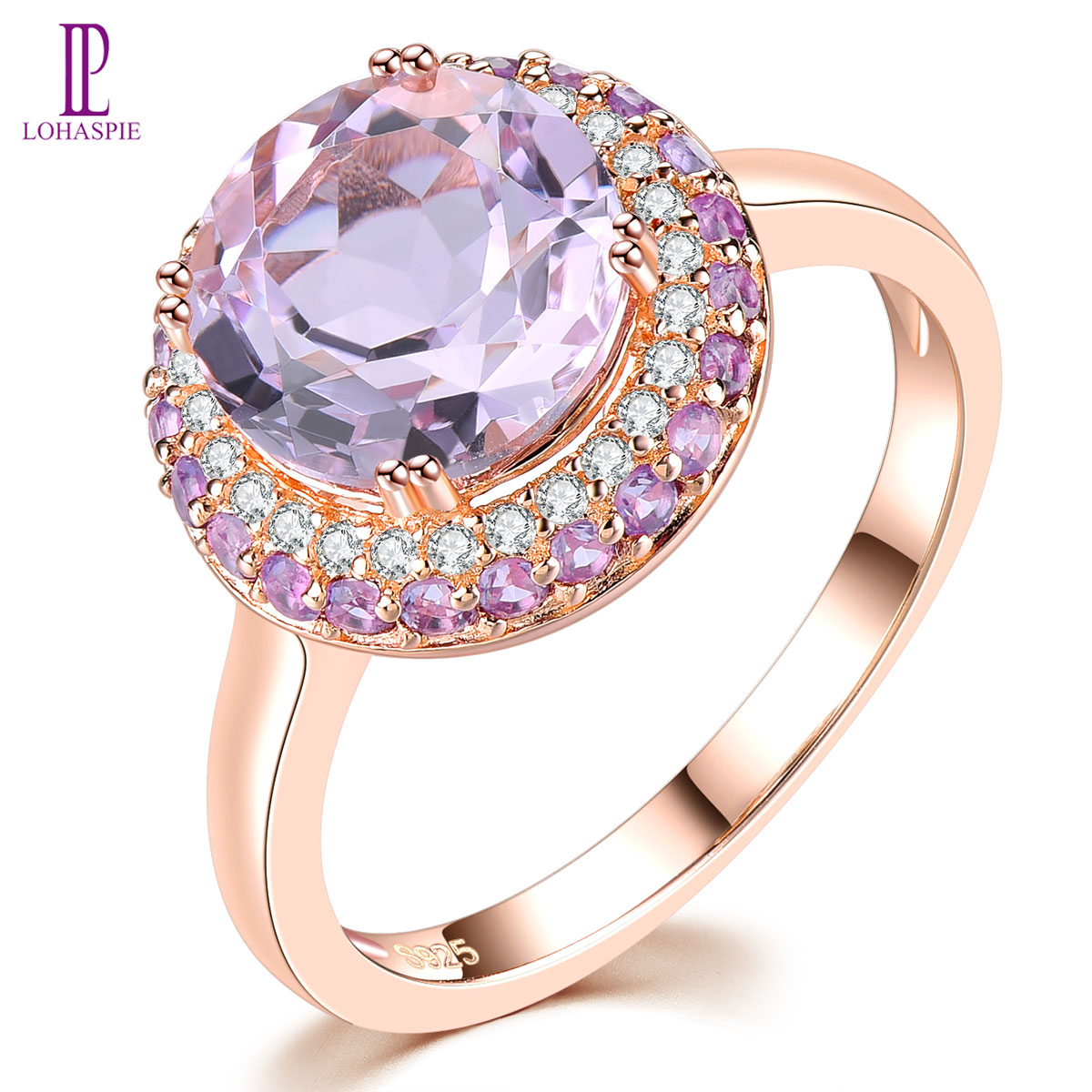 Lohaspie Đồ Trang Sức Chính Hãng 3 Carats 925 Bạc Lớn Nhẫn đá quý Tự Nhiên Màu Hồng Đá Quý hồng vàng Nhẫn mạ 925 Bạc Nhẫn đính hôn đám cưới Nhẫn Cho trang sức nữ