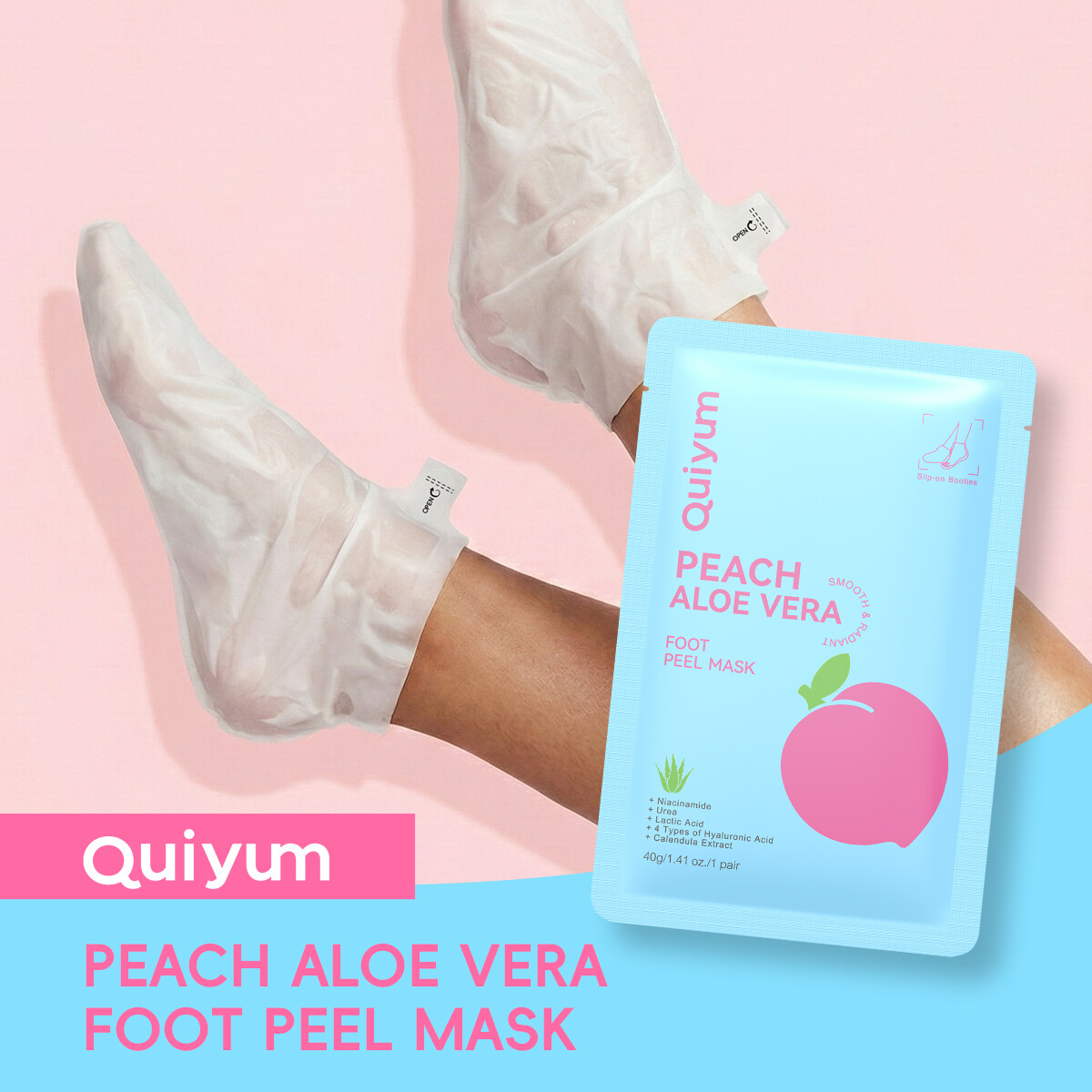 QUIYUM Peach & Aloe Vera Foot Peel Mask with Niacinamide + Urea + Lactic Acid | 4 Types of Hyaluronic Acid | Soft, Smooth & Hydrated Feet | Slip-On Booties Design