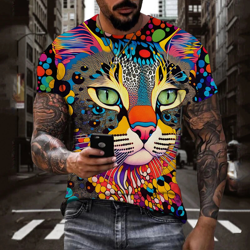 Funny Blue Cat Pattern T-Shirt 3d Print Men'S T Shirts Fashion Short-Sleeved Top Tee Crew Neck Breathable Shirt For Men