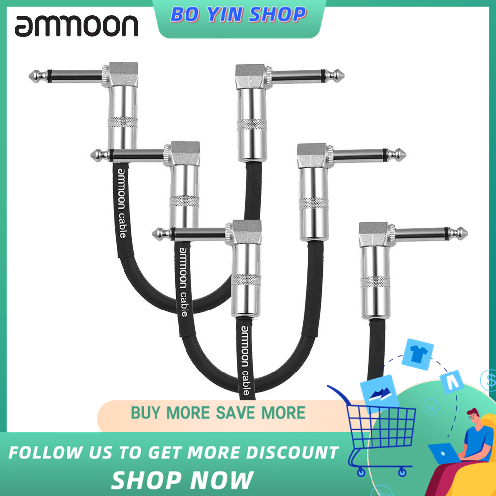 3-Pack Guitar Effect Pedal Instrument Patch Cable 15cm/ 0.5ft Long with 1/4 Inch 6.35mm Silver Right Angle Plug Black PVC Jacket