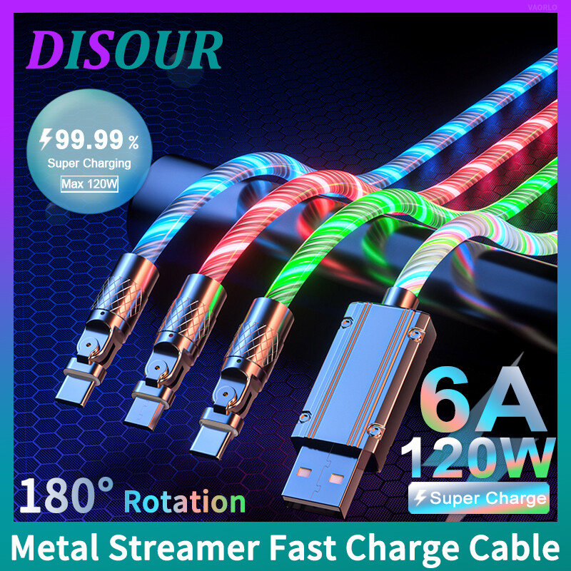 DISOUR 180 ° rotation Streamer Cáp sạc nhanh 6A 120W dòng chảy kim loại phát sáng Cáp sạc USB để Type-C/Micro USB/iPhone đèn LED phát sáng dòng dữ liệu tương thích với iPhone Android