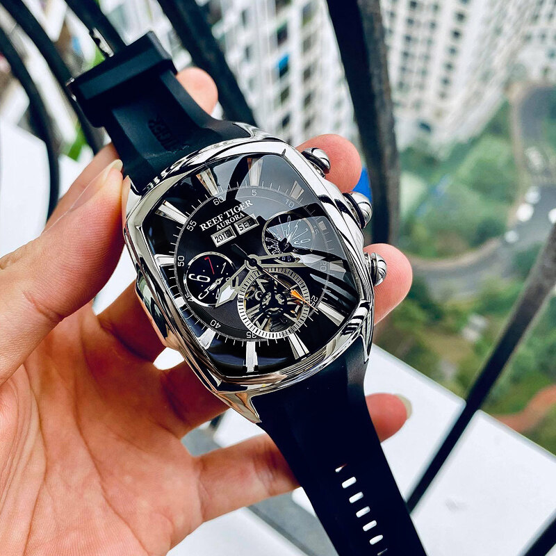 Reef Tiger/RT thiết kế đồng hồ thể thao với Tourbillon cao su và thép không gỉ Dây đeo mặt đồng hồ màu xanh da trời đồng hồ tự động rga3069