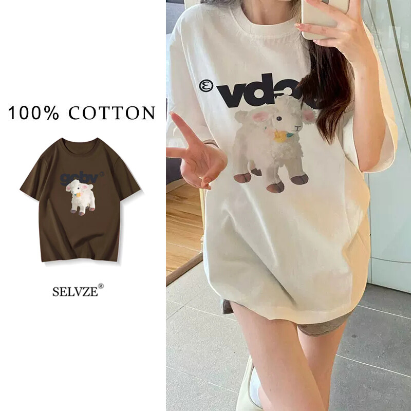 SELVZE Women s Round Neck T-shirt 100% Cotton High Quality Lamb Print