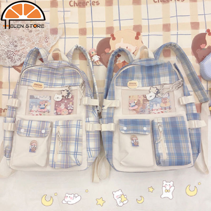 Hs ba lô cỡ lớn dễ thương cặp sách học sinh cặp sách phong cách instagram cặp sách ca rô trường trung học cơ sở