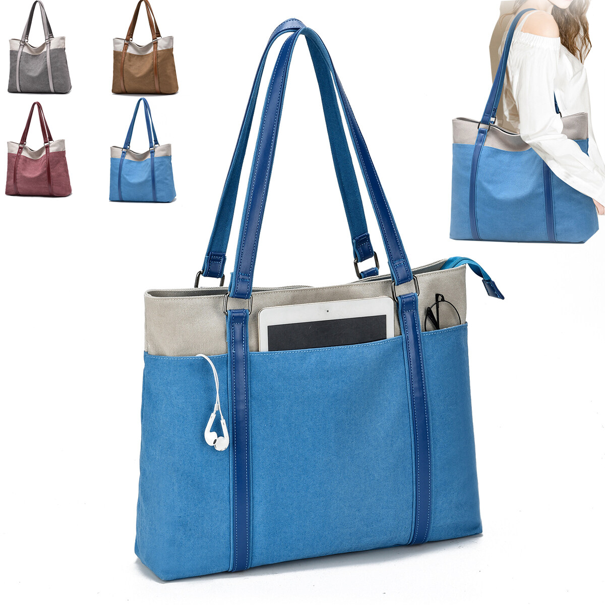 Women Laptop Tote Bag for Work Lightweight Splice Canvas 15.6 Inch Handbag Purse 