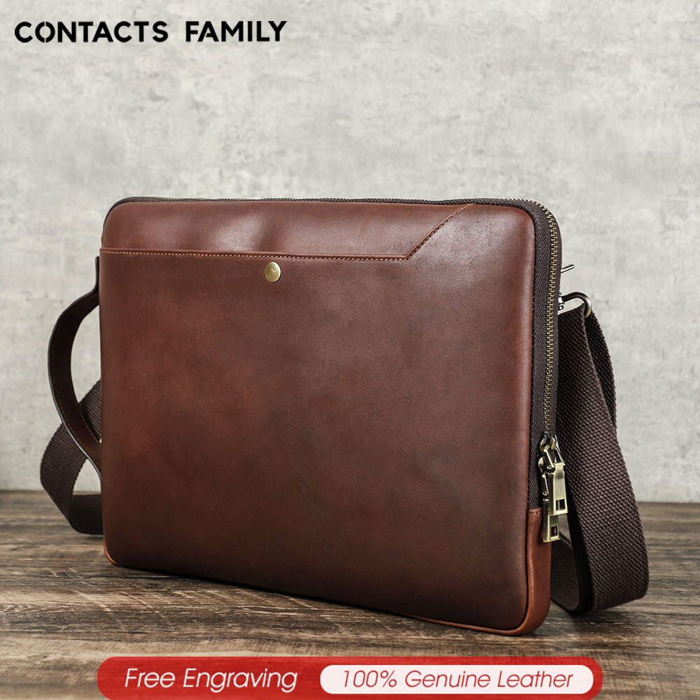 CONTACTS FAMILY Laptop Sleeve for Macbook Pro Air 13 14 Inch Leather Protective Sleeve with Shoulder Strap Crossbody Briefcase