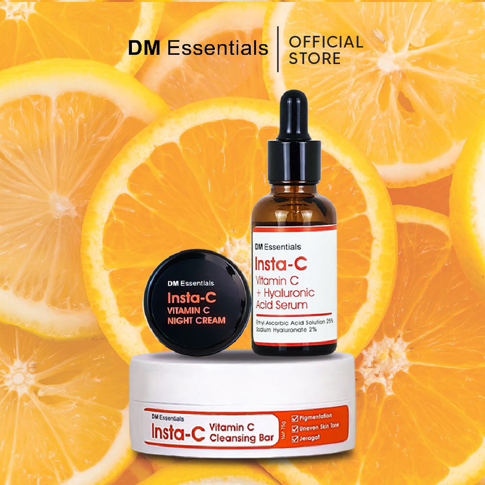 Gambar DM Essentials InstaC FULL SET [Vitamin C Serum+Cleansing Bar+Night Cream] 100% Original Skincare Set for Pigmentation Melasma Dark Spots Jeragat Freckle Melanin Remover | Lightening Brightening Whitening Uneven Skin Tone | Glowing Hyaluronic Acid Beauty