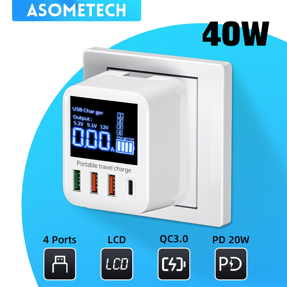 ASOMETECH Sạc Nhanh QC3.0 USB C 30/40W, Bộ Chuyển Đổi Điện Thoại Di Động Du Lịch Gắn Tường Cho iPhone 12 Pro Max Xiaomi Huawei Samsung Đế Sạc Nhanh Với Màn Hình LED