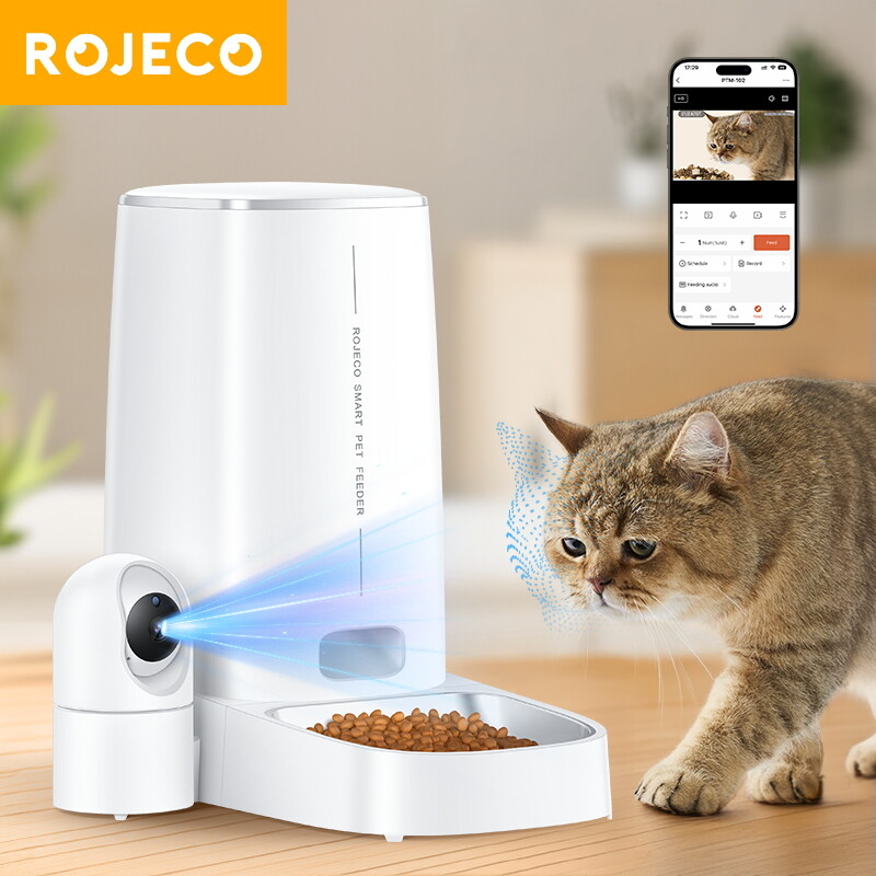 Rojeco Bộ nạp thông minh tự động cho thú cưng 4L có camera cho mèo và Máy nhả thức ăn cho chó