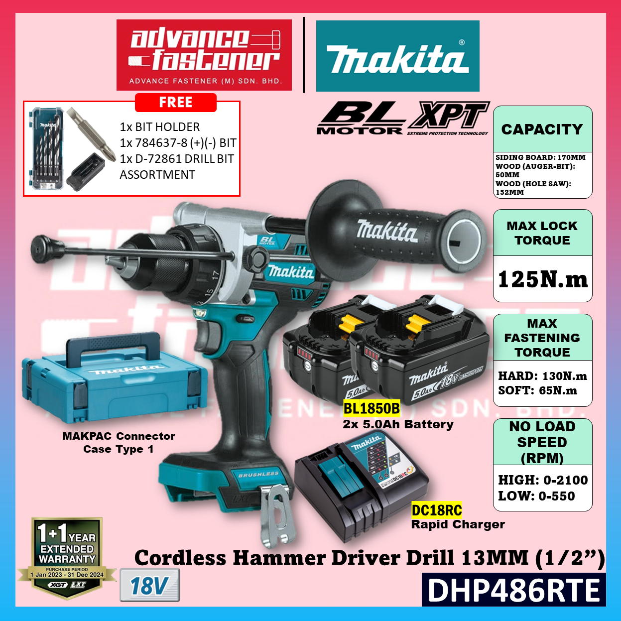 Makita DHP486RTE / DHP486RFE / DHP486Z 18V Cordless Hammer Driver Drill 13MM (1/2")