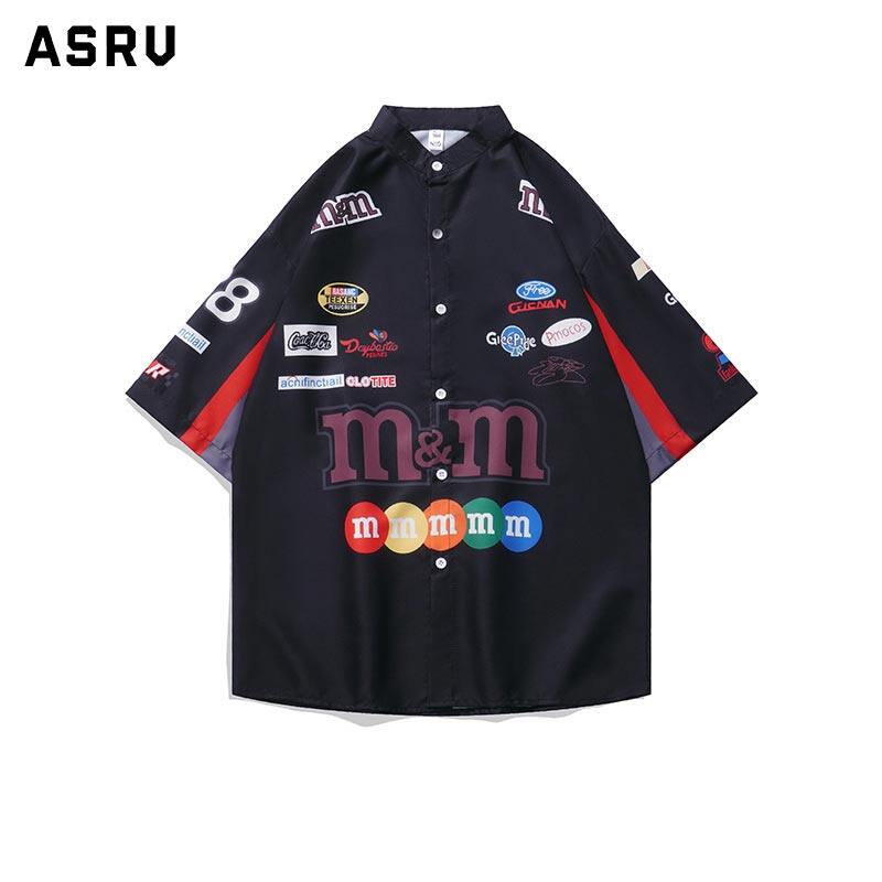 ASRV Retro color matching racing style short-sleeved shirt men's summer new printing motorcycle clothing loose top ราคา 168 บาท*ส่งฟรี