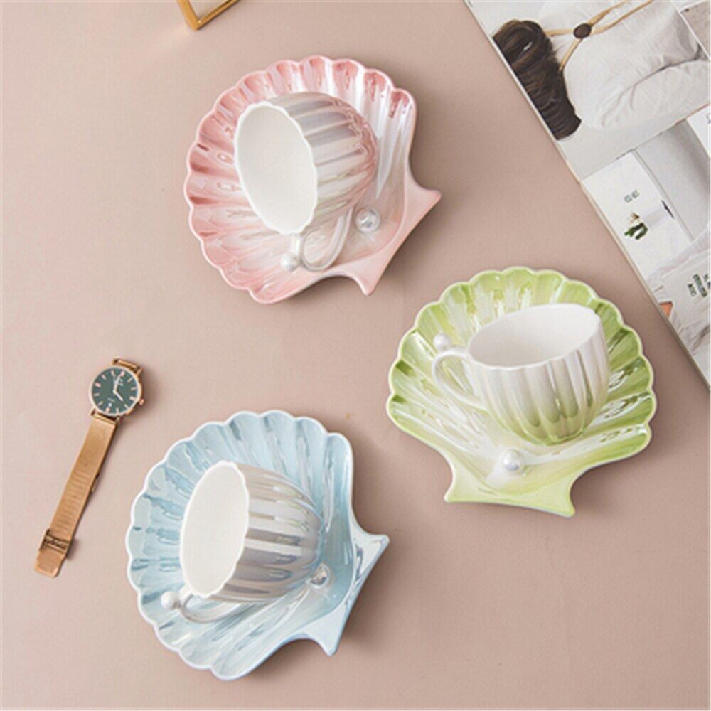 Gambar Luxury Ceramics Mug Gradient Pink Blue Green Pearl Shell Coffee Milk Cup Saucer Creativity Marry Birthday Gift