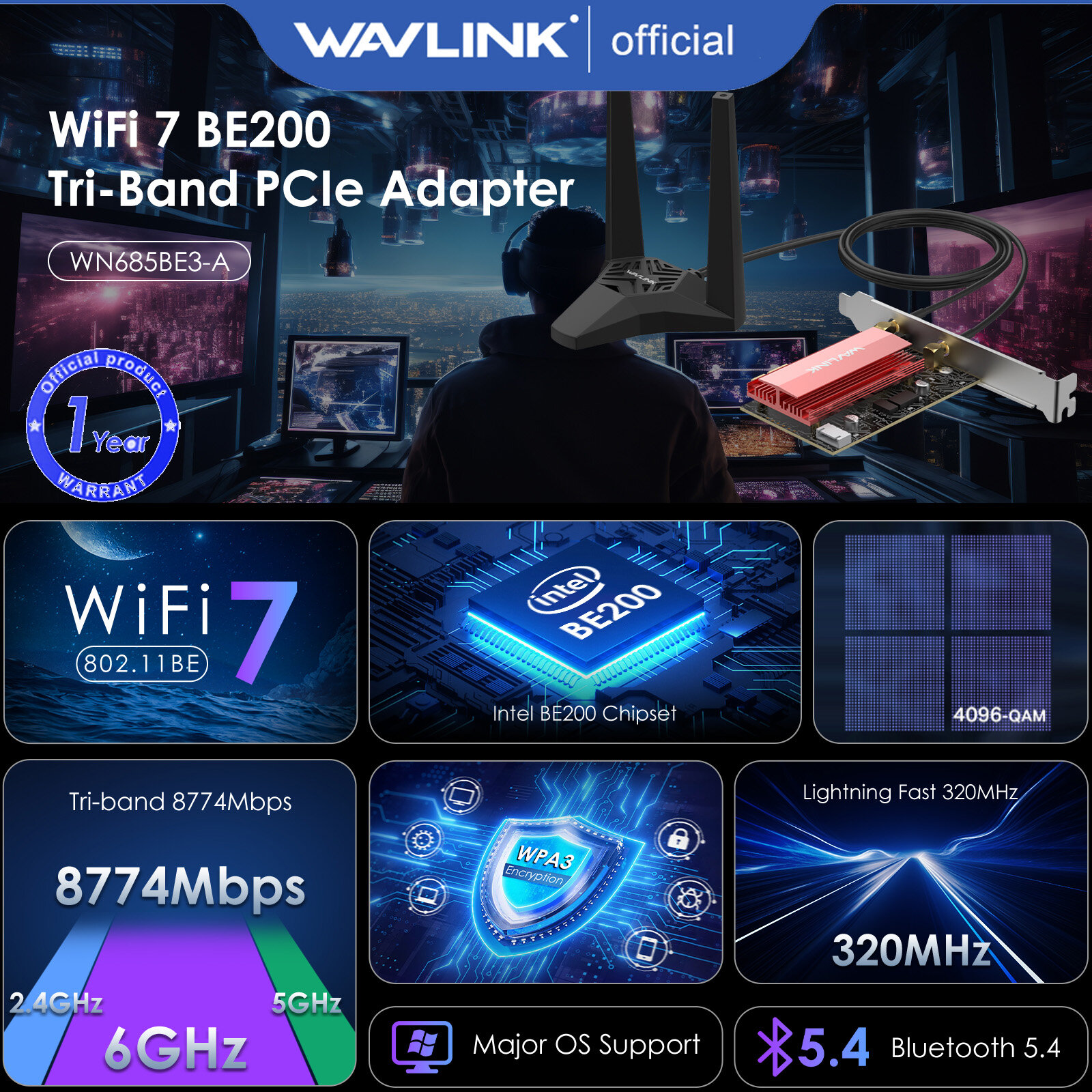 Wavlink 2024 New be8800 Wifi 7 PCIe Card mạng cho máy tính để bàn Tri-Band be200 Bộ chuyển đổi không