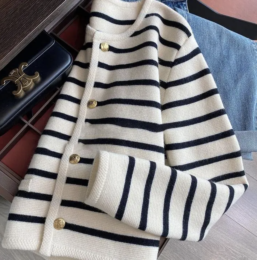 HUACHACHA Black/White Stripe Crew Neck Long Sleeve Knitted Jacket Gold  Button Panel Sweater Cardigans | Lazada Singapore