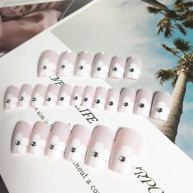 24 Chiếc/Bộ Mẹo Bấm Móng Vuông Cô Dâu Họa Tiết Hoa Màu Trắng Xinh Xắn Thiết Kế Đính Kim Cương Giả Móng Giả Nhân Tạo