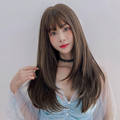 Gambar Hitam Panjang Rambut Lurus Rambut Lurus dengan Bangs 26 Inci Rambut Palsu Sintetik untuk Wanita