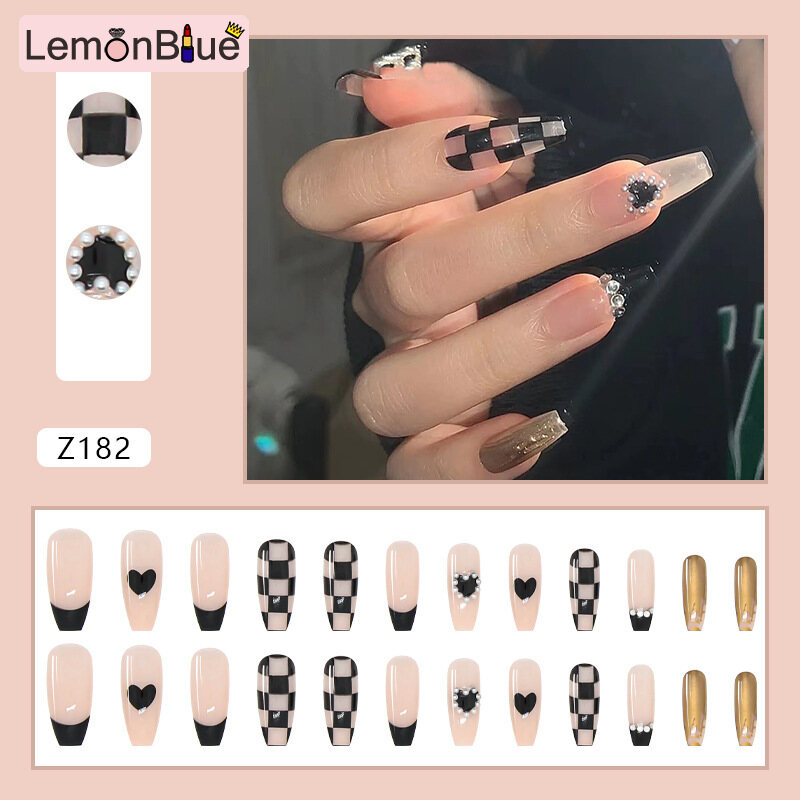 Gambar LemonBlue Fake Nail Patch Long Pointed Head Black Checkerboard Nail Art Finished Nail Piece 24PCS Glue Type Best Gifts