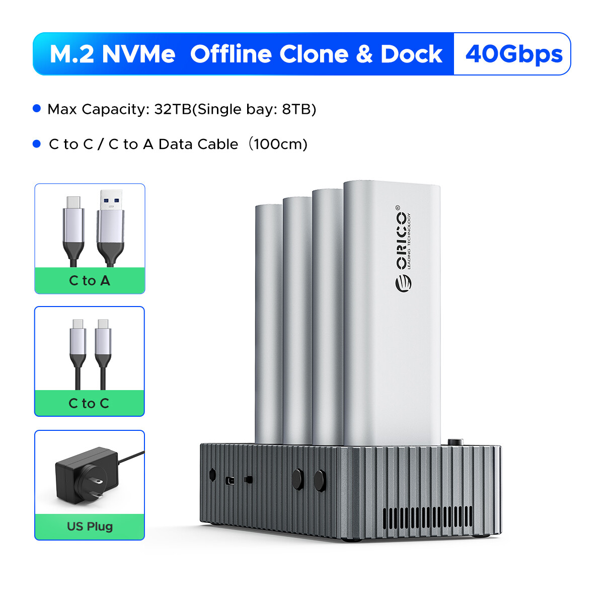 ORICO 2Bay NVMe & SATA cross-giao thức Offline Clone Type-C 10Gbps Ổ đĩa cứng trạm nối cho NVMe M.2 