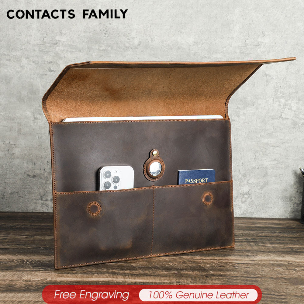CONTACTS FAMILY Laptop Sleeve for Macbook Pro Air 13 14 15 16 Inch Genuine Leather Protective Sleeve Cases With Airtag Case Handbag