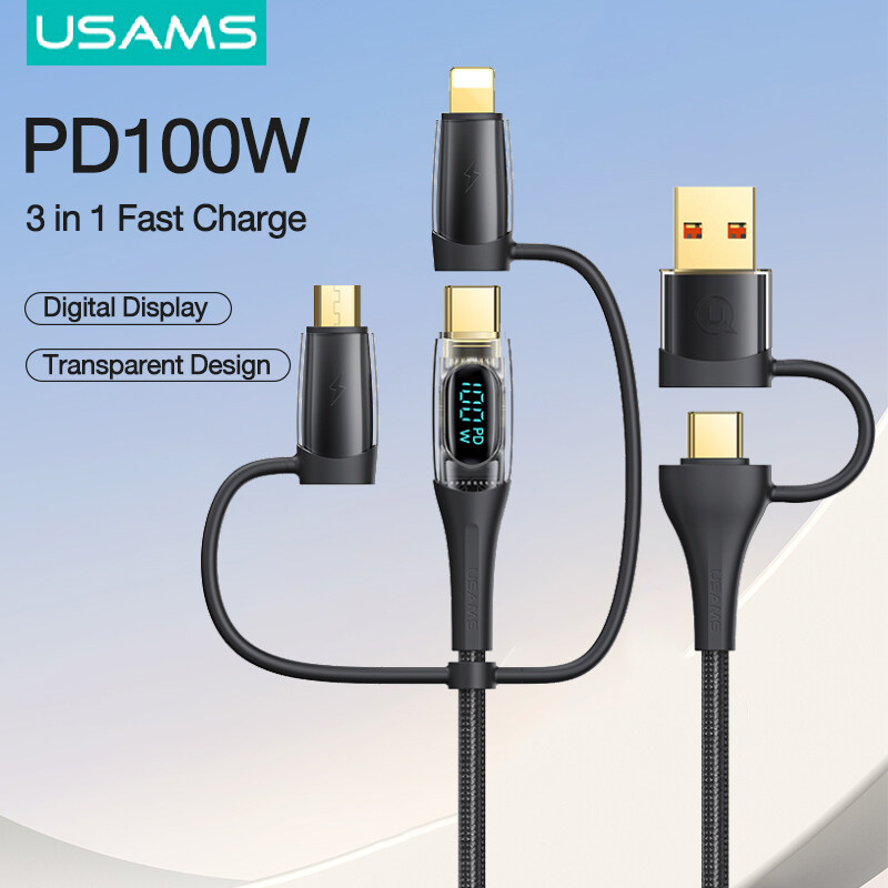 Usams PD100w 3 trong 1 nhanh chóng cáp sạc minh bạch kỹ thuật số displa QC 3.0 nhanh chóng Dây cáp sạc USB-A + Type-C để sét + Type-C + Bộ chuyển đổi Micro 4 trong 1 nhanh chóng sạc cho Samsung S20 cho Huawei P40 cho Xiaomi 10 cho Vivo X60 cho Oppo cho Ip