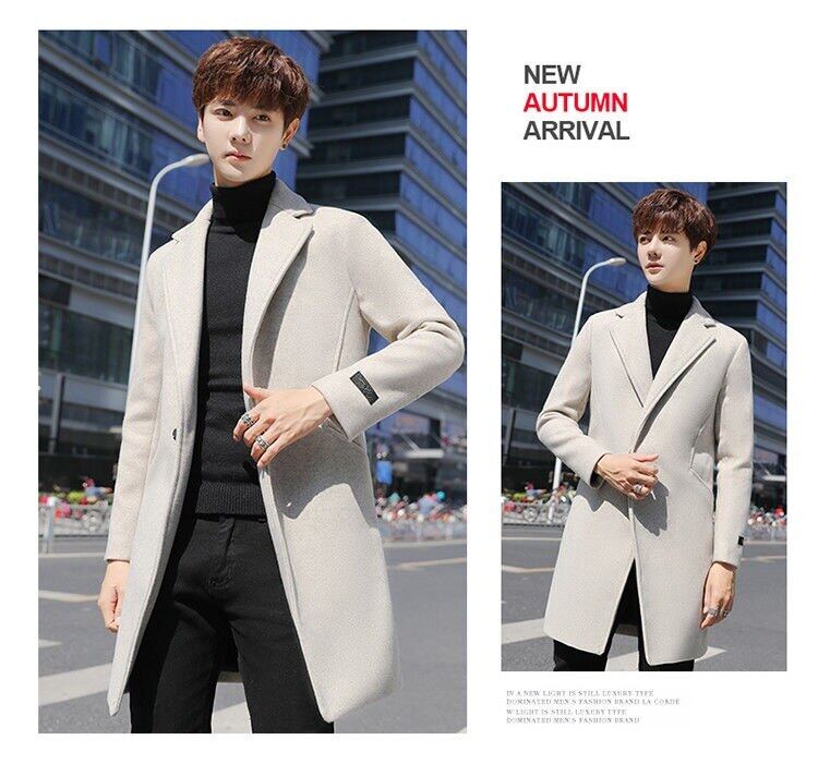 Mens coat autumn and winter trench coat mens mid-length student Korean style woolen coat plus cotton padded woolen coat tide