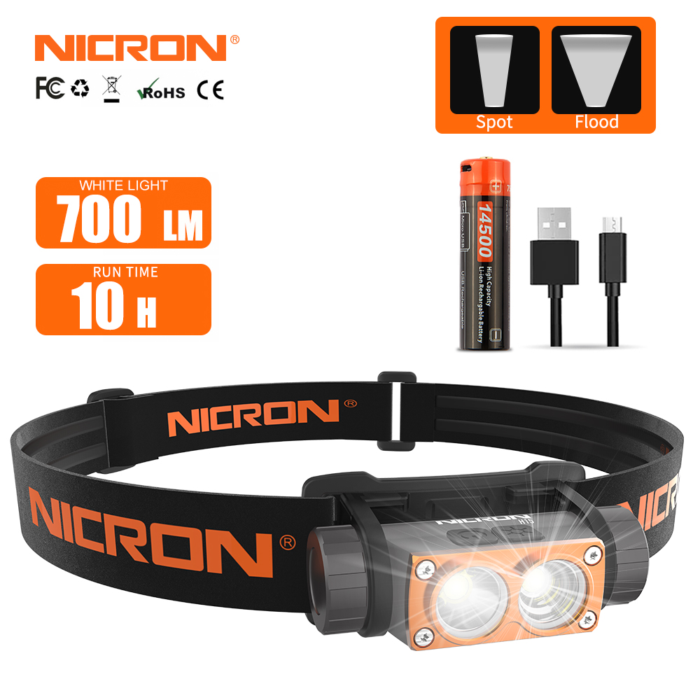 Đèn Pin Nicron Đèn pha H15 Đèn pin độ sáng cao điểm/Lũ lụt đèn pin LED đôi không thấm nước xách tay đèn Led Đèn Pha nhiên liệu kép 14500 sạc lại Đèn pin đèn pha H15