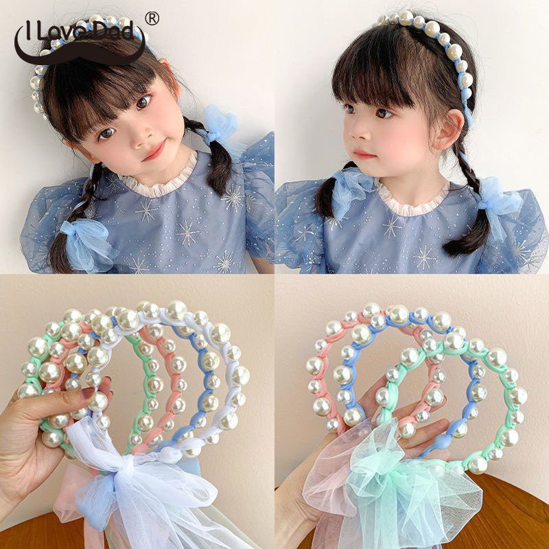 Sweet Princess Girls Hairband Pearl Headband With Lace Ties Children Headwrap Hair Hoop Band Kids Hair Accessories ราคา 36 บาท*ส่งฟรี