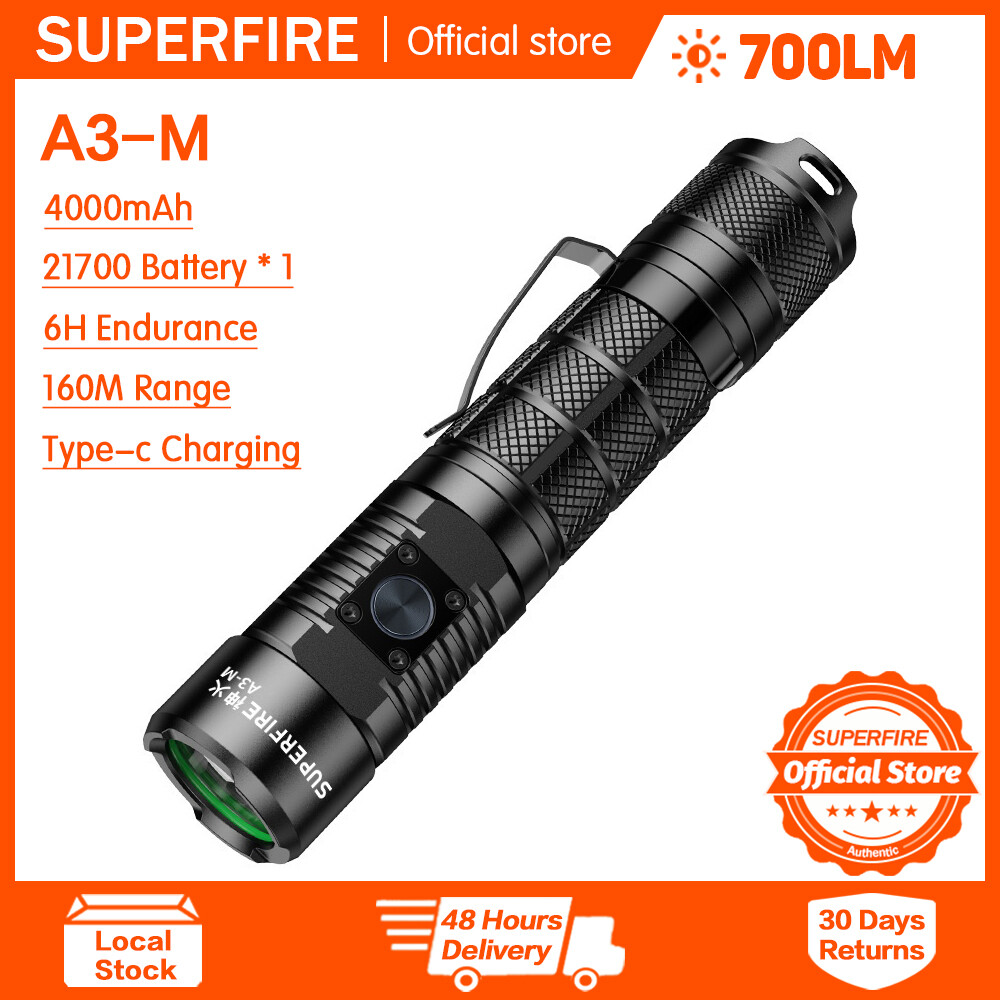 Superfire A3-m Đèn pin chiến thuật có thể sạc lại nhôm chống thấm nước hợp kim LED siêu sáng di động Torch đi bộ ngoài trời