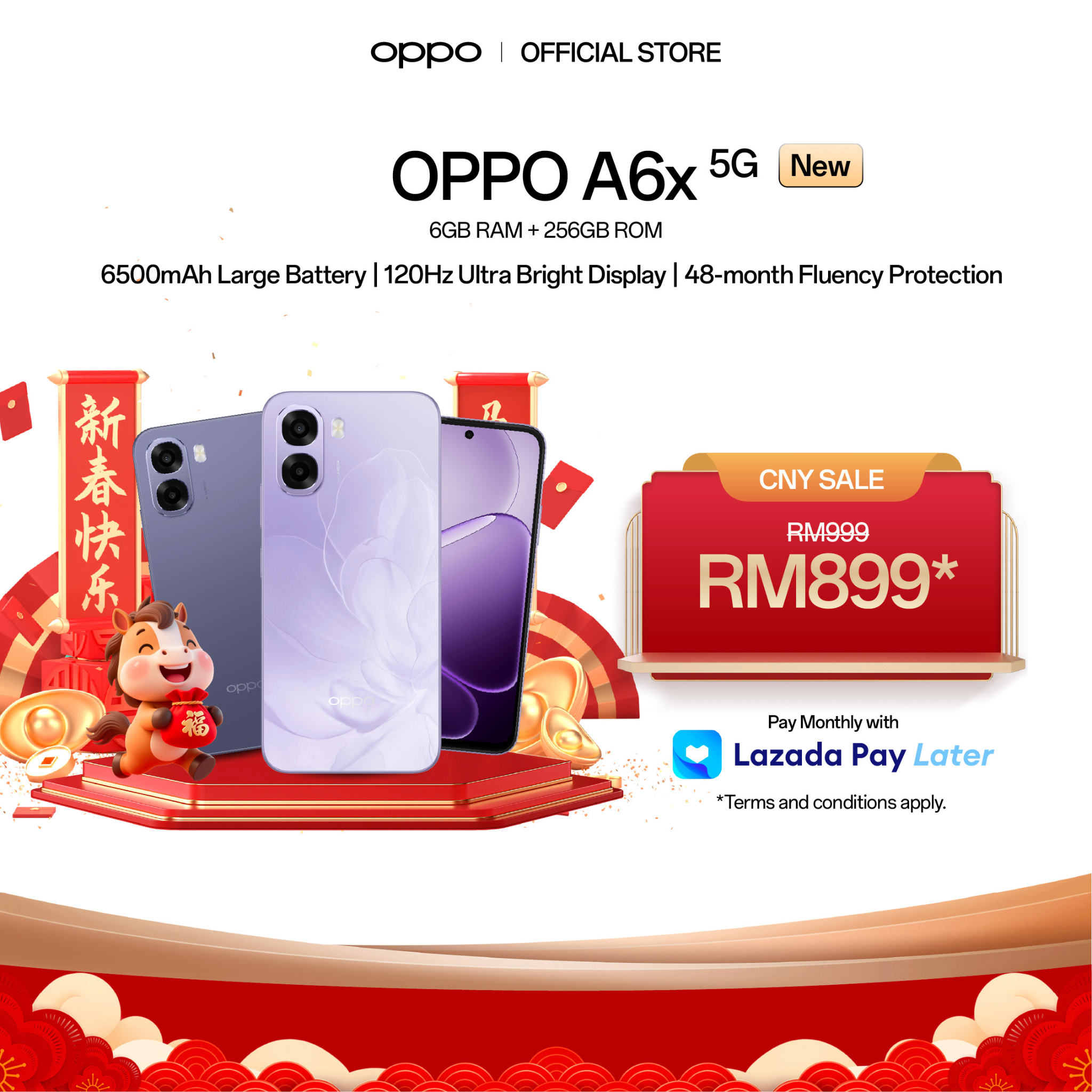 [NEW] OPPO A6x 5G Smartphone | 6GB + 256GB | 6500mAh Large Battery | 120Hz Ultra Bright Display | Al Camera Harga 999 Ringgit*Penghantaran Percuma