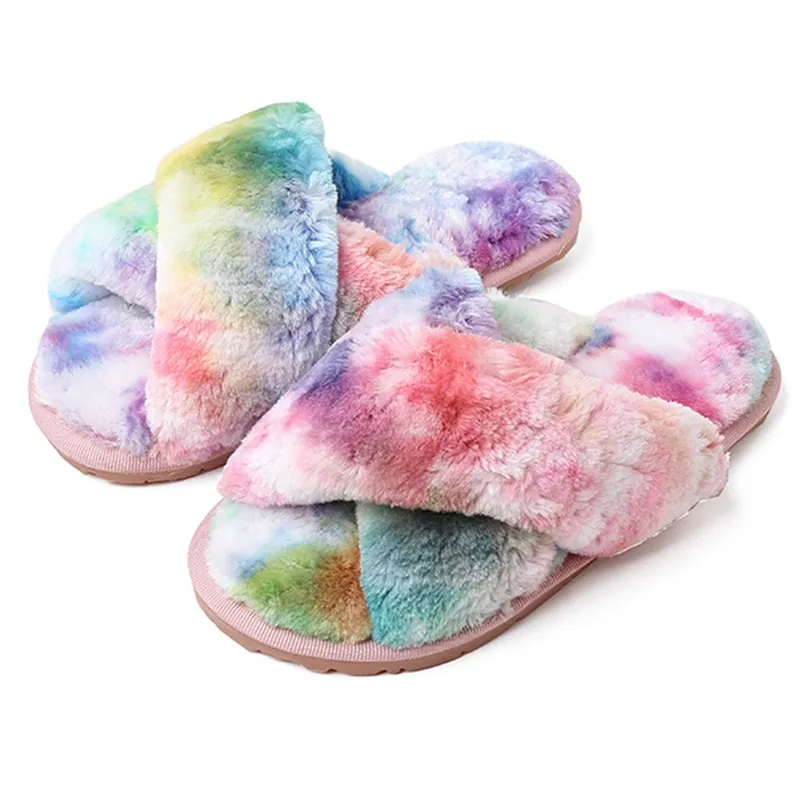solid fluffy criss cross slippers