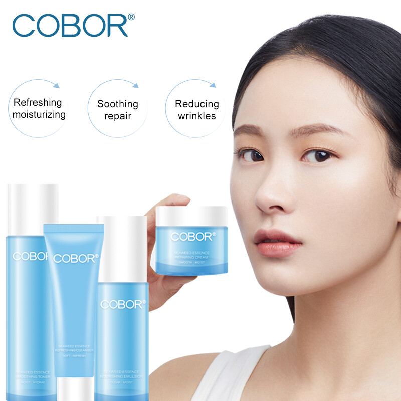 Gambar COBOR 4pcs set Seaweed Essence Skincare Set With Essence Refreshing Facial Cleanser Smoothing Toner Nourishing Emulsion Repairing Cream moisturized Elastic Improves Fine Lines For Face Neck