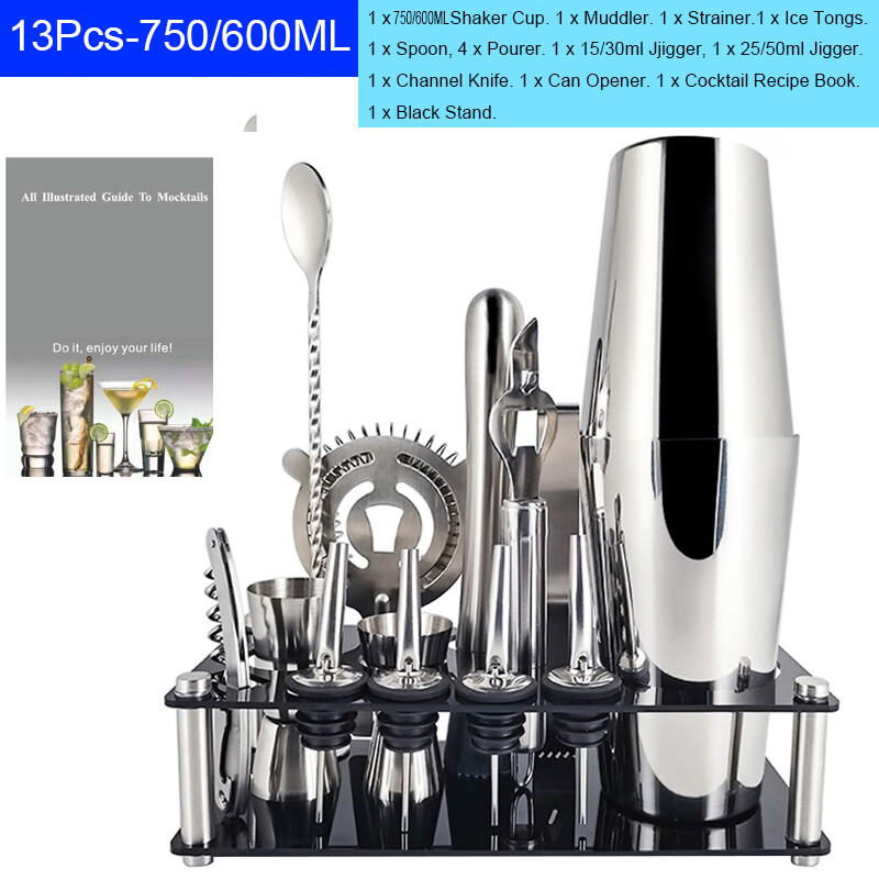 Bộ Dụng Cụ Bộ Bình Lắc Cocktail Công Cụ Quán Bar Chuyên Nghiệp AREYOUCAN Bằng Thép Không Gỉ 13 Chiếc Có Giá Đỡ Và Sách Công Thức Cocktail