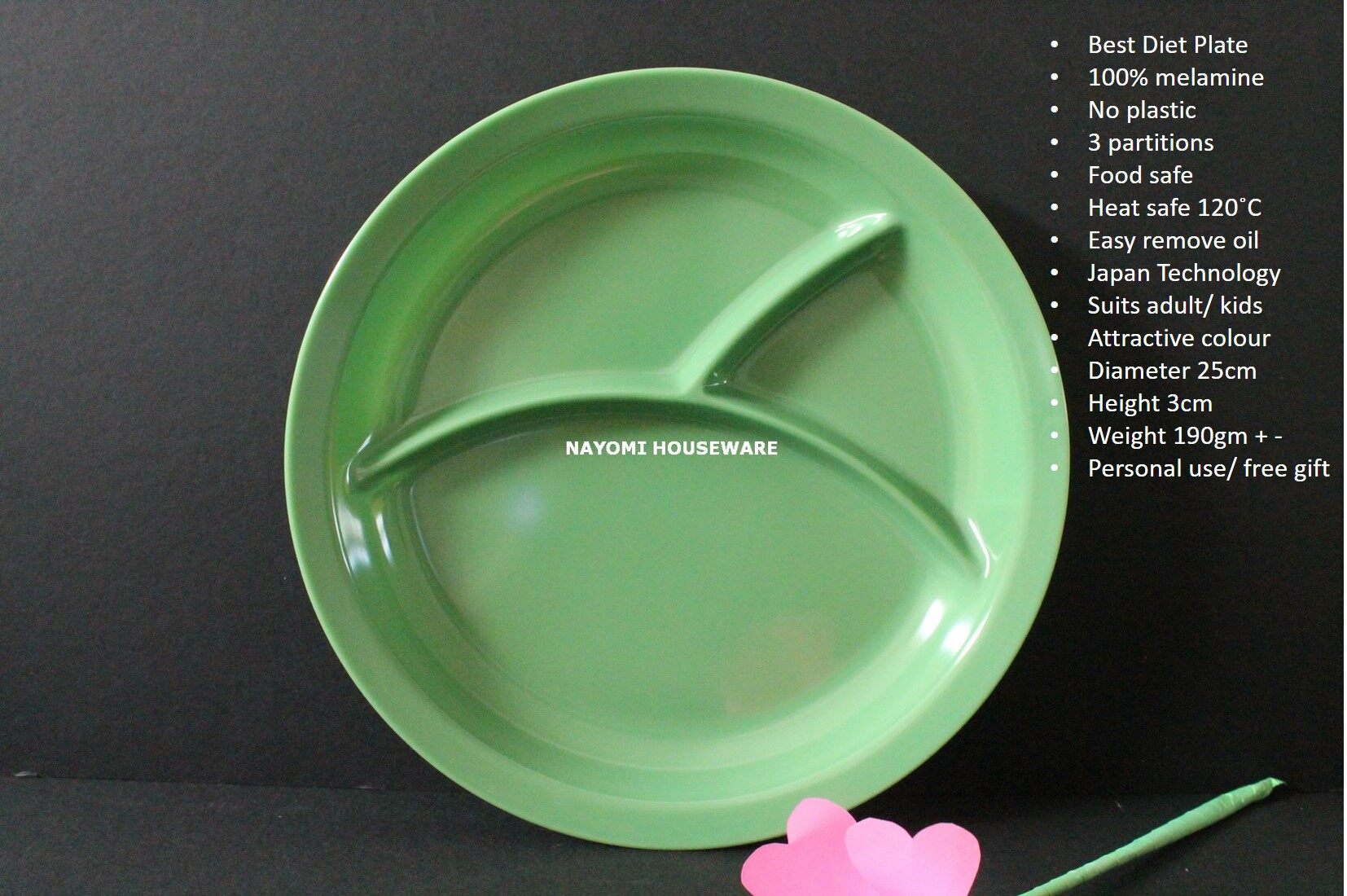 Gambar 1 piece 3 Partitions Food Safe Pure Melamine Diet Plate. Ship in 6 Hours (Dark Green)
