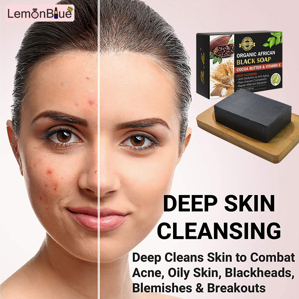 Gambar LemonBlue Black Soap Cocoa Bean Vitamin E Skin Whitening Body Clear Refreshing for Women Cocoa Bean Vitamin E Skin Whitening Body Clear Refreshing Useful Black Soap Women Men