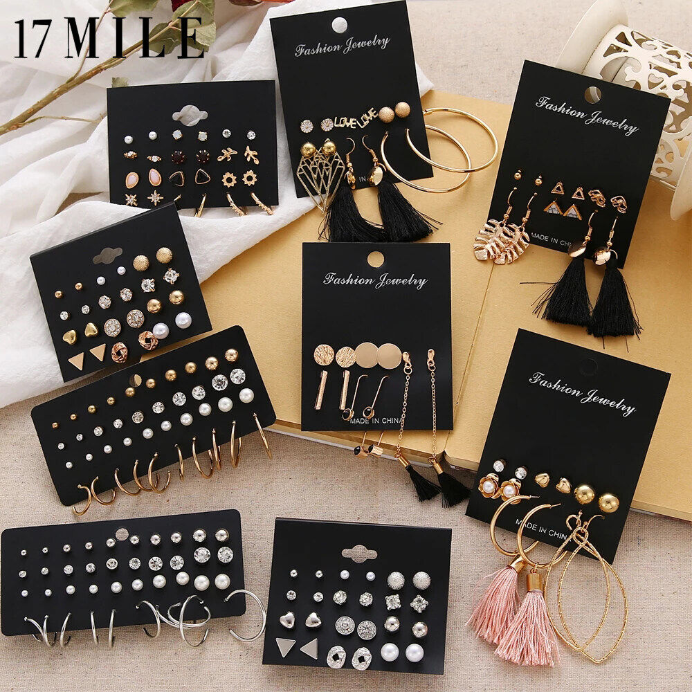 17MIEL Fashion Minimalist Mixed Small Earrings Set Simple Geometric Rhinestone Stud Earrings for Women Tiny Ear Studs Jewelry