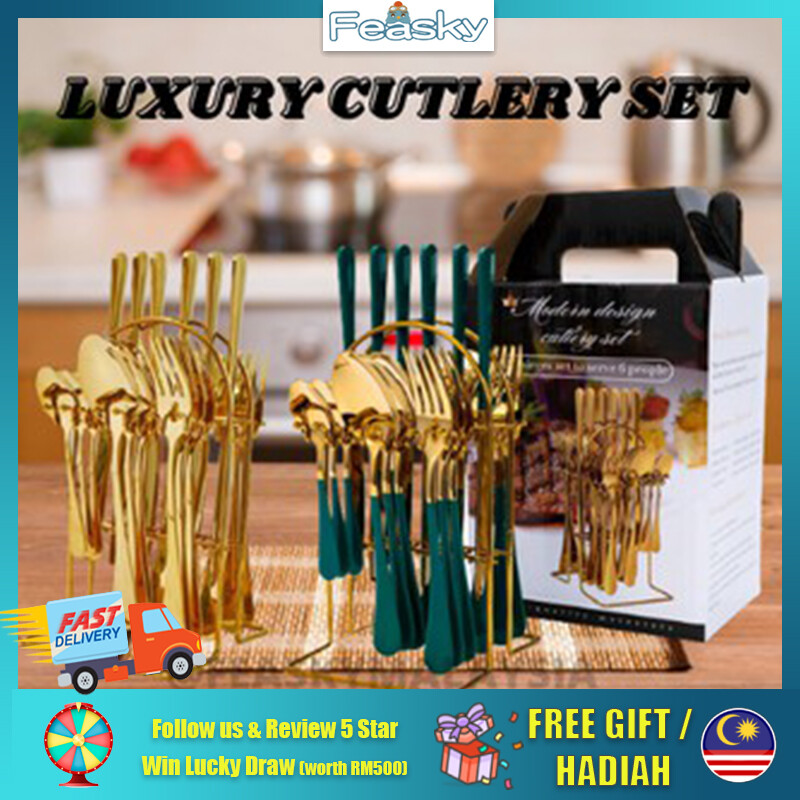 Gambar Spoon Stainless Steel Luxury Cutlery Set Spoon Knife Fork Set Dinnerware Gift Box Pisau Sudu Garpu Hotel Grade Sudu ????