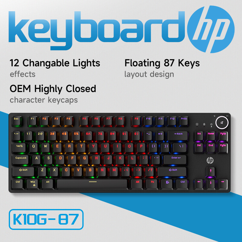 HP Wired Mechanical Keyboard | 87-Key Floating Design & 12 RGB Lighting Modes | OEM Keycaps + Adjustable Feet | Gaming Keyboard for Home/Office K10G-87 (Free Shipping)