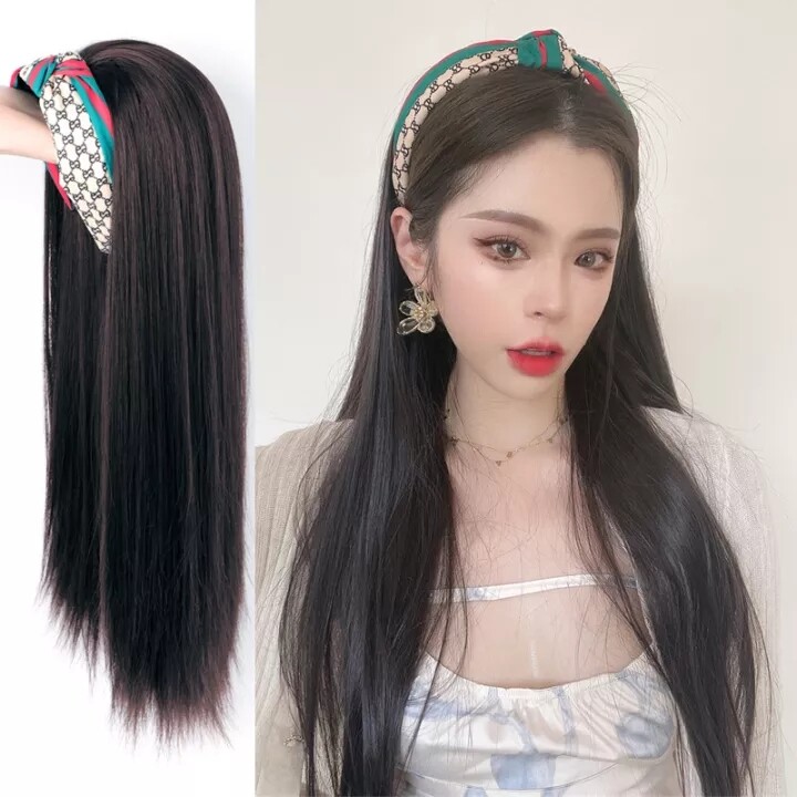 Egk 68cm tóc giả cho nữ tóc giả nửa đầu thẳng dài kèm băng đô tóc tổng hợp chịu nhiệt
