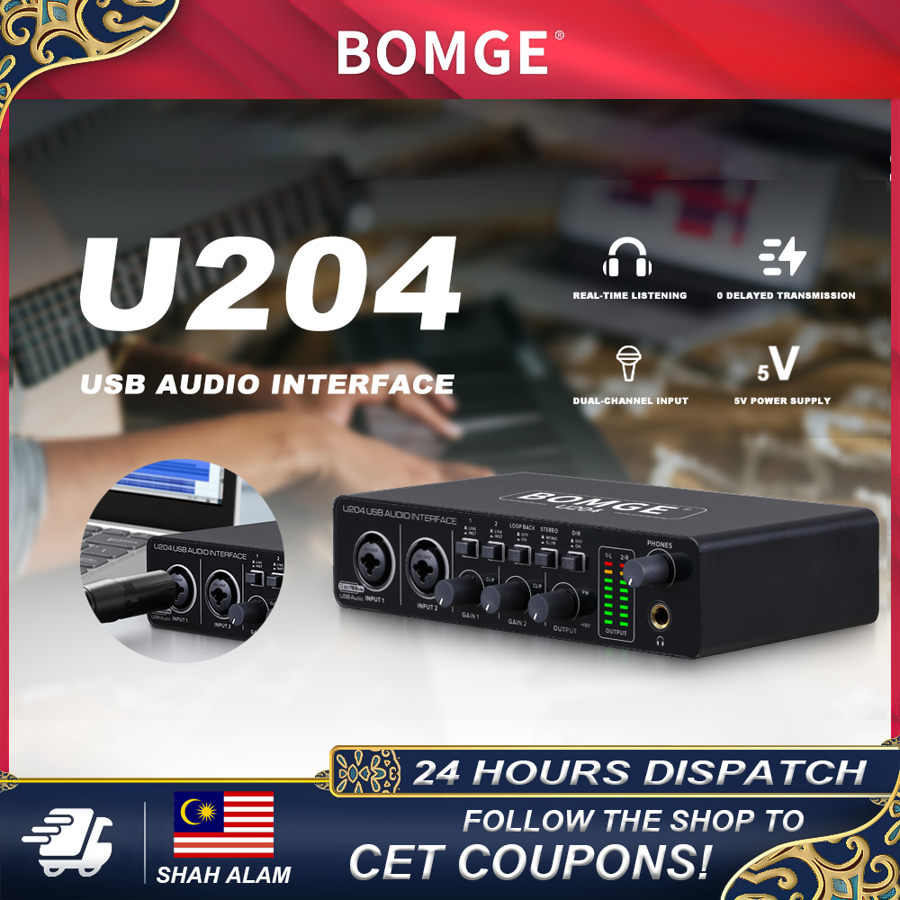 BOMGE U204 USB Audio Interface SoundCard untuk Komputer PC Rakaman Muzik, 2x2 Guitar Audio Interface untuk Mac 32Bit/192kHz