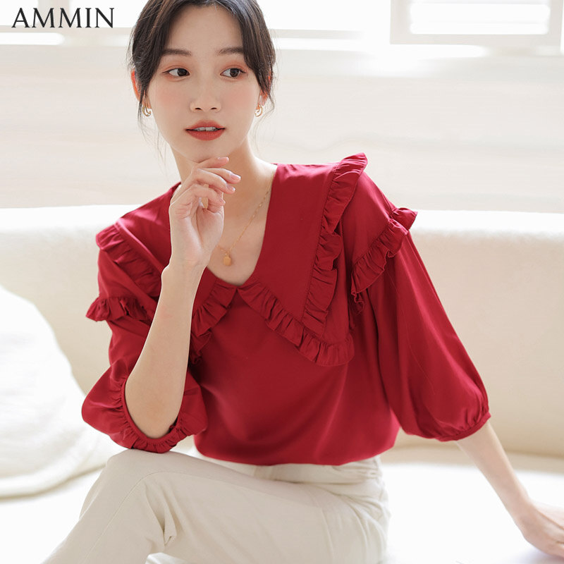 AMMIN Áo Voan Tay Phồng Ren Nấm Tay Lỡ Ve Áo Mỏng Mùa Hè 2022 Cho Nữ Áo Voan Đa Năng Cổ Búp Bê Nhún Bèo Thanh Lịch Thời Trang Hàn Quốc