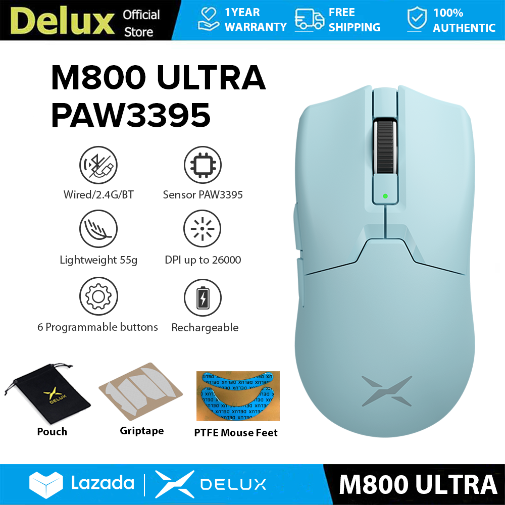Delux M800 Ultra Chuột chơi game PAW3395DPI MAX 26000 Có dây 2.4G Bluetooth không dây có thể sạc lại Có thể lập trình 55g Nhẹ cho PC/Laptop/Windows/Mac Màu xanh