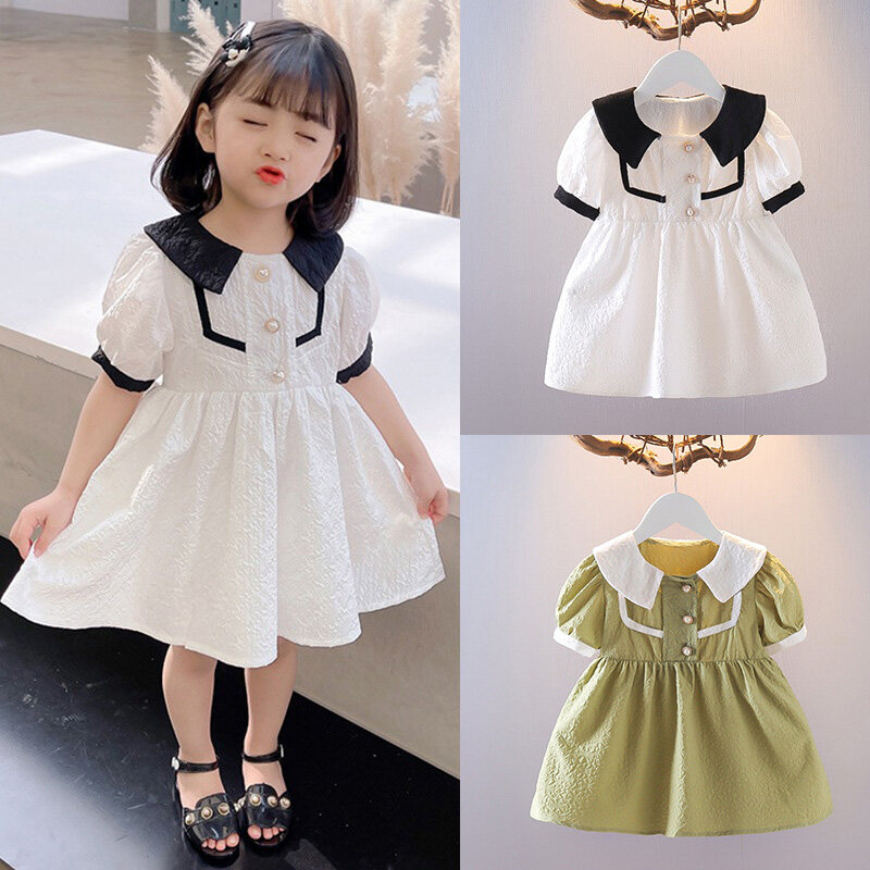 0-4Years Kids Girls Doll Collar Dress Korean Version Stitching Color Puff
