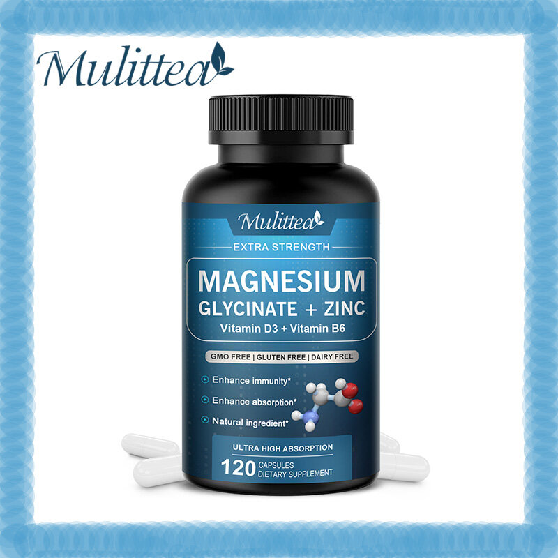 Mulittea Viên nang Magnesium Glycine 500mg với kẽm Vitamin D3 và B6 Thúc đẩy chức năng thần kinh ruột và thư giãn - Viên nang chay 60 cho nam và nữ