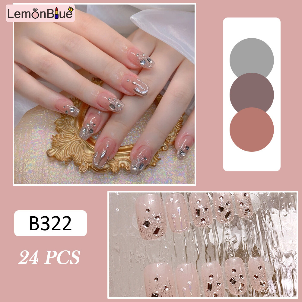 Gambar 24PCS Crown False Nails French Long Press On Nails Elegant Fingernails Sticker Removable Save Time Manicure Salon DIY Art Jelly Gel Glue Type Artificial Nails