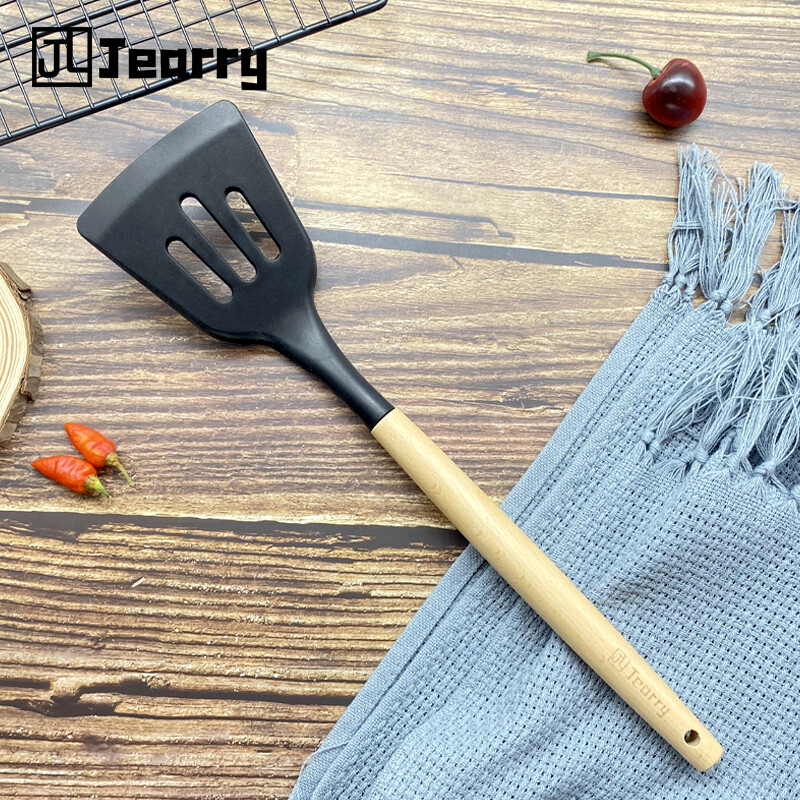 Rắn Gỗ Xử Lý Xử Lý Rãnh Turner Cấp Thực Phẩm Silicone Đồ Nấu Nướng Thiết Lập Đặc Biệt Đồ Dùng Nhà Bếp Cho Non Stick Pan Chịu Nhiệt 230 °C Nhiệt Độ Cao Đồ Dùng Nhà Bếp Công Cụ Nướng