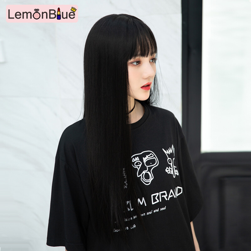 Gambar LemonBlue 55cm Women Long Straight Wig Hair Extension Pad With Bang Head Reissue Block Natural Wig With Clips Convenient Wig for Women Human Hair